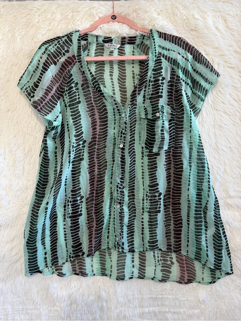 Buffalo David Bitton Womens Boho Indie Sleaze Sheer Button Blouse L Mint Grunge
